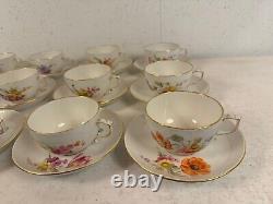 Vintage Antique German KPM Porcelain Set of 12 Cups & Saucers Painted Floral Dec