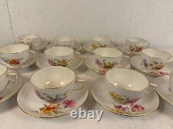 Vintage Antique German KPM Porcelain Set of 12 Cups & Saucers Painted Floral Dec