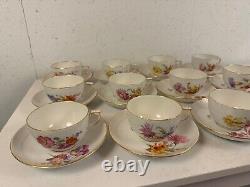 Vintage Antique German KPM Porcelain Set of 12 Cups & Saucers Painted Floral Dec