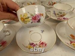 Vintage Antique German KPM Porcelain Set of 12 Cups & Saucers Painted Floral Dec