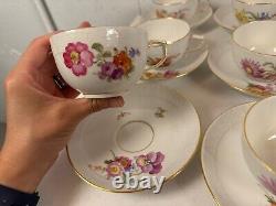 Vintage Antique German KPM Porcelain Set of 12 Cups & Saucers Painted Floral Dec