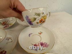 Vintage Antique German KPM Porcelain Set of 12 Cups & Saucers Painted Floral Dec