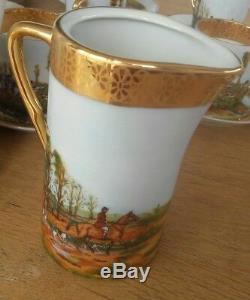 Vintage C P Limoges Porcelain Coffe Set 27Pieces Hunting Scenes Gold Fine France