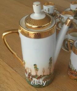Vintage C P Limoges Porcelain Coffe Set 27Pieces Hunting Scenes Gold Fine France