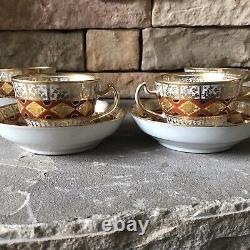 Vintage Cup And Saucer Set Antique Porcelain Bowls Gold Rare Floral Pattern 8pc