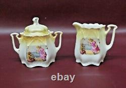 Vintage German Porcelain Childs Tea Set Teapot, Cream, Sugar, 5 Cups & Saucers