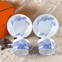 Vintage Hermes Les Pivoines Rare Blue Large Morning Soup Cup Saucer 2 Sets withBox