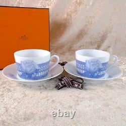 Vintage Hermes Les Pivoines Rare Blue Large Morning Soup Cup Saucer 2 Sets withBox