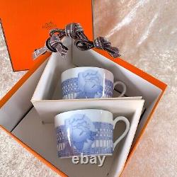 Vintage Hermes Les Pivoines Rare Blue Large Morning Soup Cup Saucer 2 Sets withBox