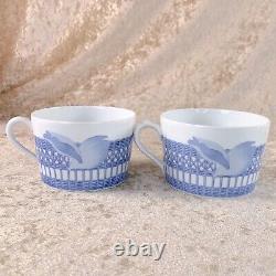 Vintage Hermes Les Pivoines Rare Blue Large Morning Soup Cup Saucer 2 Sets withBox