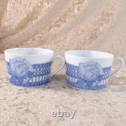 Vintage Hermes Les Pivoines Rare Blue Large Morning Soup Cup Saucer 2 Sets withBox