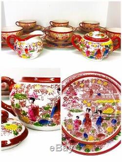 Vintage Japanese Tea Set Geisha Hand Painted Porcelain Cups And Saucers