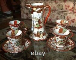 Vintage Kutani Chocolate Coffee Pot 4 Cups, saucers Red gold design porcelain Set