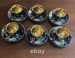 Vintage Porcelain Cup And Saucer Blue Cobalt Hand Painting Set Of 6