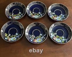 Vintage Porcelain Cup And Saucer Blue Cobalt Hand Painting Set Of 6