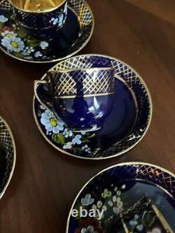 Vintage Porcelain Cup And Saucer Blue Cobalt Hand Painting Set Of 6