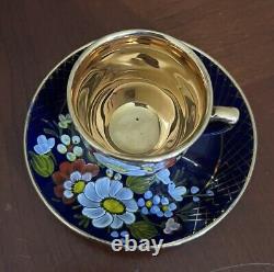 Vintage Porcelain Cup And Saucer Blue Cobalt Hand Painting Set Of 6