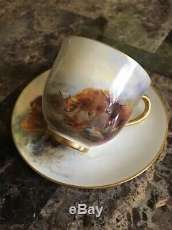 Vintage Royal Worcester Hand Painted Cattle Miniature Cup/Saucer Signed Stinton