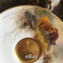 Vintage Royal Worcester Hand Painted Cattle Miniature Cup/Saucer Signed Stinton