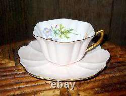 Vintage Shelley Pink Deco Tea Cup and Saucer Fluted Scalloped Floral Porcelain