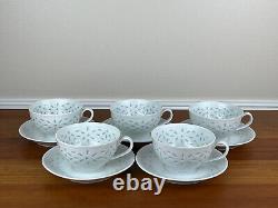 Vintage White Porcelain RICE GRAIN Pattern Cup and Saucer Set of 5