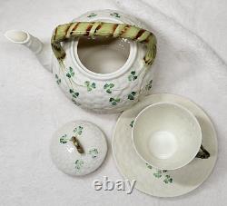 Vtg Belleek Ireland Porcelain Shamrock Basketweave Teapot, cup, & saucer