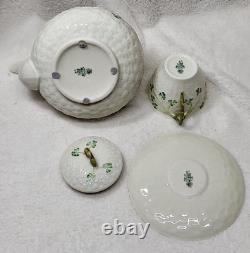 Vtg Belleek Ireland Porcelain Shamrock Basketweave Teapot, cup, & saucer