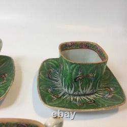 Vtg. Chinese Porcelain Cabbage Leaf & Butterflies Demitasse Cups & Saucers S/3