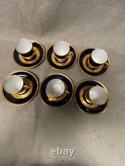 Vtg6 T & V Limoges La Cloche Demitasse Cups & Saucers Porcelain Cobalt & Gold