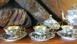Walbrzych 15 Pc Porcelain Demitasse Tea Set Poland Pot Cups Saucers Marbled Gold