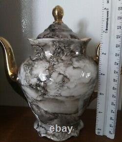 Walbrzych 15 Pc Porcelain Demitasse Tea Set Poland Pot Cups Saucers Marbled Gold