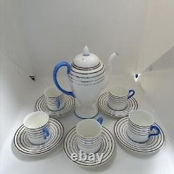 Wedgwood Bone China England Demitasse Cup Saucer Set Striped Platinum Blue