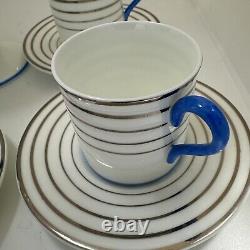 Wedgwood Bone China England Demitasse Cup Saucer Set Striped Platinum Blue