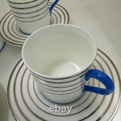 Wedgwood Bone China England Demitasse Cup Saucer Set Striped Platinum Blue