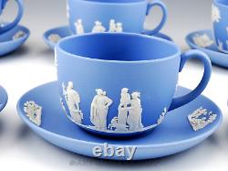 Wedgwood England JASPERWARE BLUE ANCIENT GREEK CUPS AND SAUCERS Set of 6 Mint