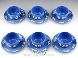 Wedgwood England JASPERWARE BLUE ANCIENT GREEK CUPS AND SAUCERS Set of 6 Mint
