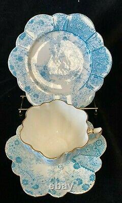 Wileman Pre Shelley Jungle Print Daisy Shape Trio. Cup Saucer Plate Turquoise