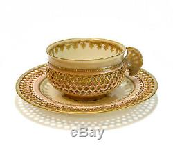Zsolnay Hungary Porcelain Double Walled Reticulated Overlay Cup & Saucer, 1878